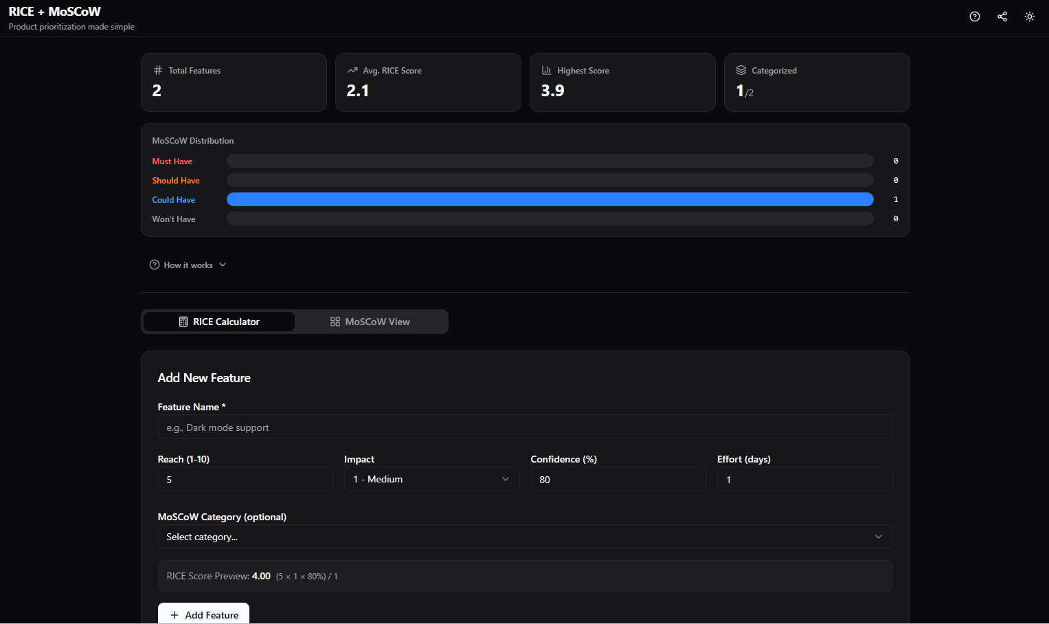 RICE + MoSCoW Prioritization Tool preview